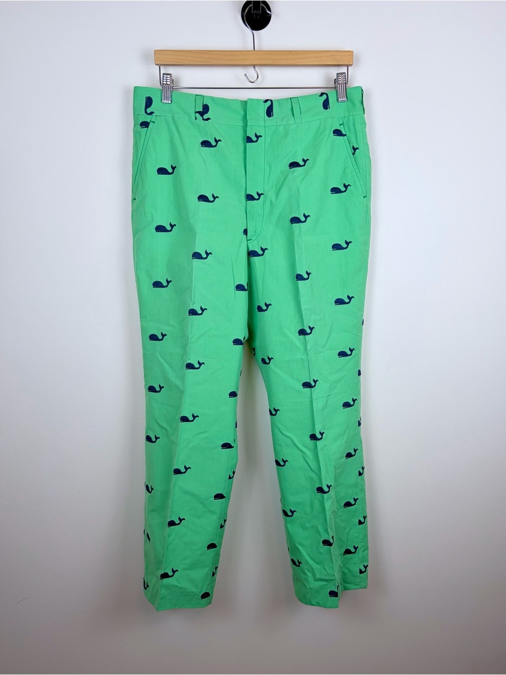 Vintage Flat Front Kelly Green Critter Pants Embroidered Whale Pattern